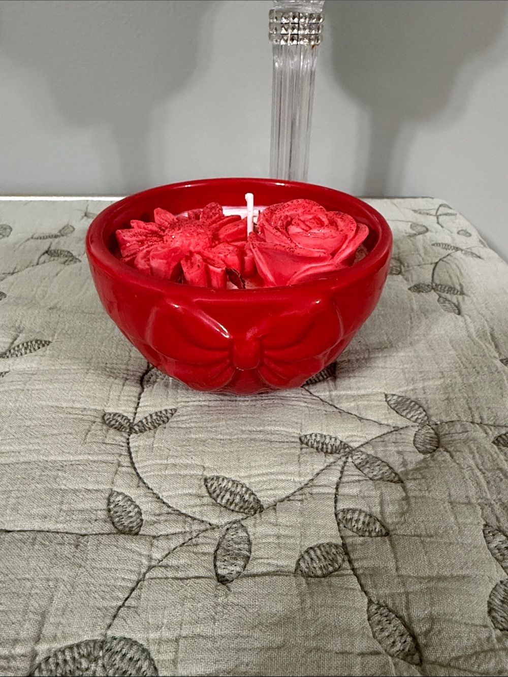 Red Floral Bowl Candle - Decorative Rose & Blossom Accent